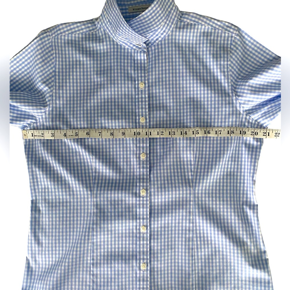 🩵 L.L.Bean Ladies Sz M Wrinkle Resistant Light Blue Gingham 3/4 Sleeved Blouse - Picture 10 of 16
